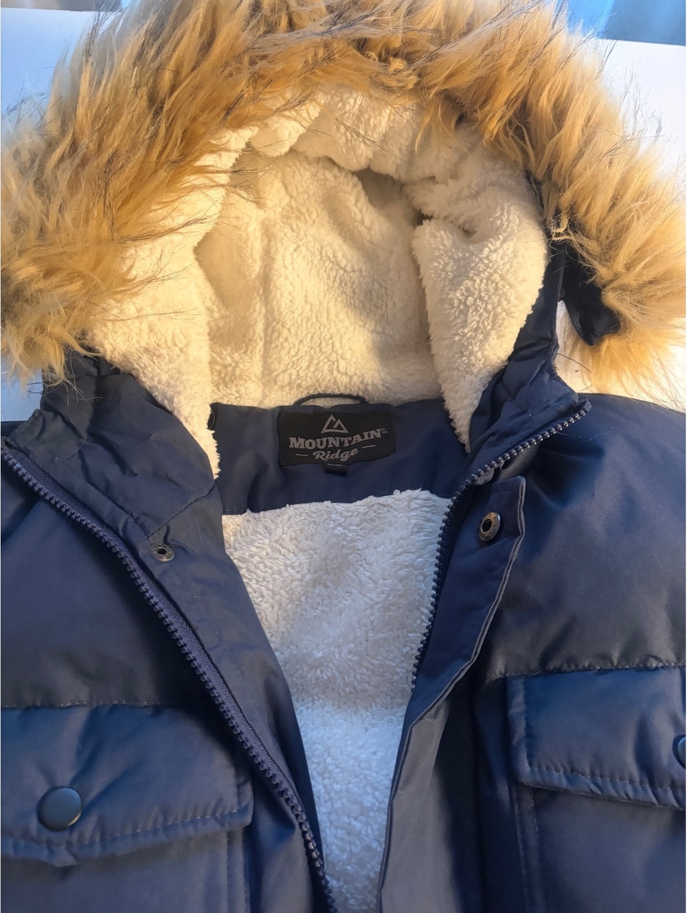Mountain Ridge Navy Blue Puffer Jacket with Faux Fur Hood